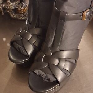 Saint Laurent Black Woven Leather Wedges